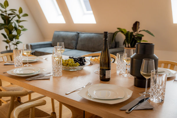 Küche Ferienwohnung Passau mit Geschirr, Weingläser uvm - komplett ausgestattete Küche - BONNYSTAY