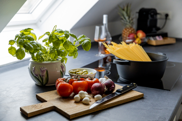 Küche in Ferienwohnung mit Wasserkocher und Gefrierschrank - BONNYSTAY Landshut