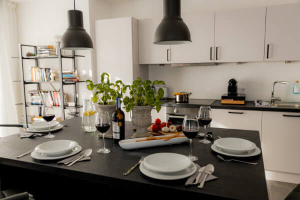 Kitchen with wine glasses, pots, pans, oil, salt, pepper and much more - BONNYSTAY